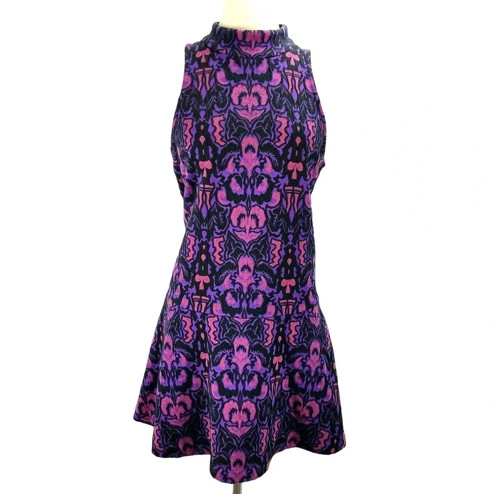 High-Neck Purple Patterned Sleeveless A-Line Dress